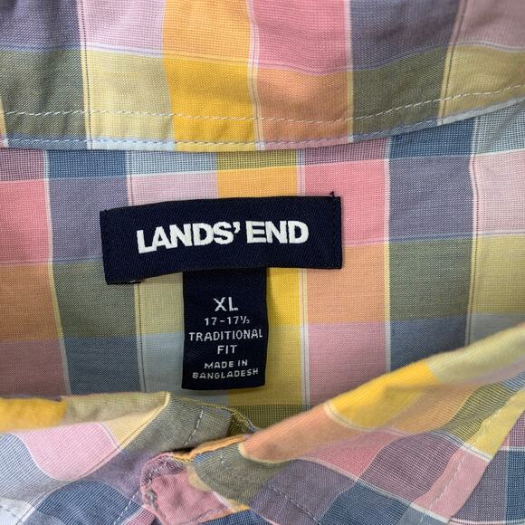 Lands' End Mens XL Long Sleeve Button Up Pastel Plaid Easter Pink Blue Yellow - Picture 5 of 7